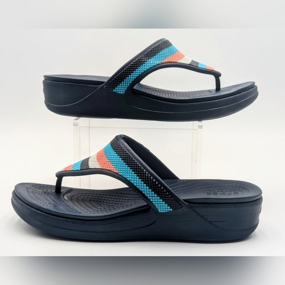 Crocs Monterey Bead Strap Wedge Flip Sandals Navy Blue Multicolor Women's 9 - Picture 4 of 12